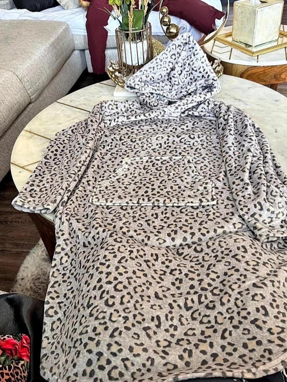 32 Degrees Hooded Cozy Plush Sleep Lounger Robe Gray & Pink L/XL